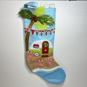 Pink Flamingos Beach Camper Tropical Christmas Stocking Be Merry Blue Bealls